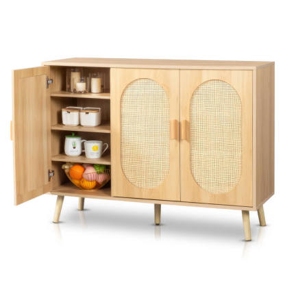 Modern Rattan Shoe Storage Cabinet with 3 Doors and Adjustable Shelves Accent Sideboard