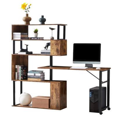 Modern L-Shaped Corner Desk with 5-Tier Bookshelf Lockable Casters for Home Office
