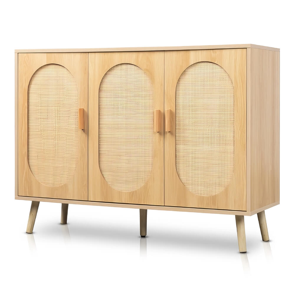 Modern Rattan Shoe Storage Cabinet with 3 Doors and Adjustable Shelves Accent Sideboard