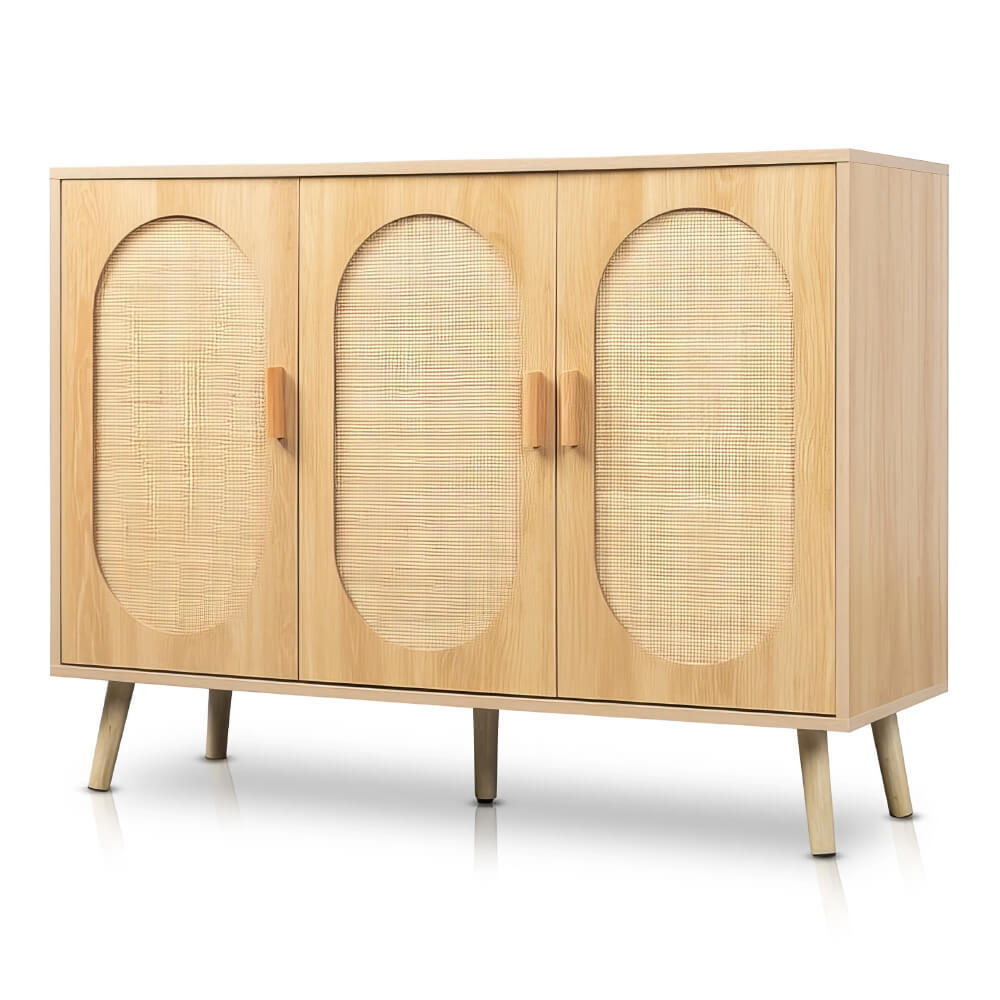 Modern Rattan Shoe Storage Cabinet with 3 Doors and Adjustable Shelves Accent Sideboard