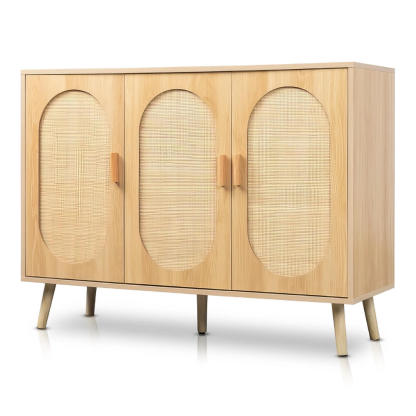 Modern Rattan Shoe Storage Cabinet with 3 Doors and Adjustable Shelves Accent Sideboard