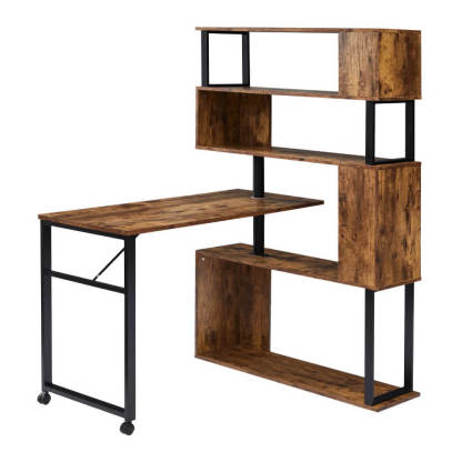 Modern L-Shaped Corner Desk with 5-Tier Bookshelf Lockable Casters for Home Office