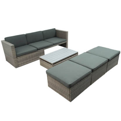 5 Piece Outdoor Patio Wicker Sofa Set with Adjustable Backrest Cushions Ottomans and Coffee Table