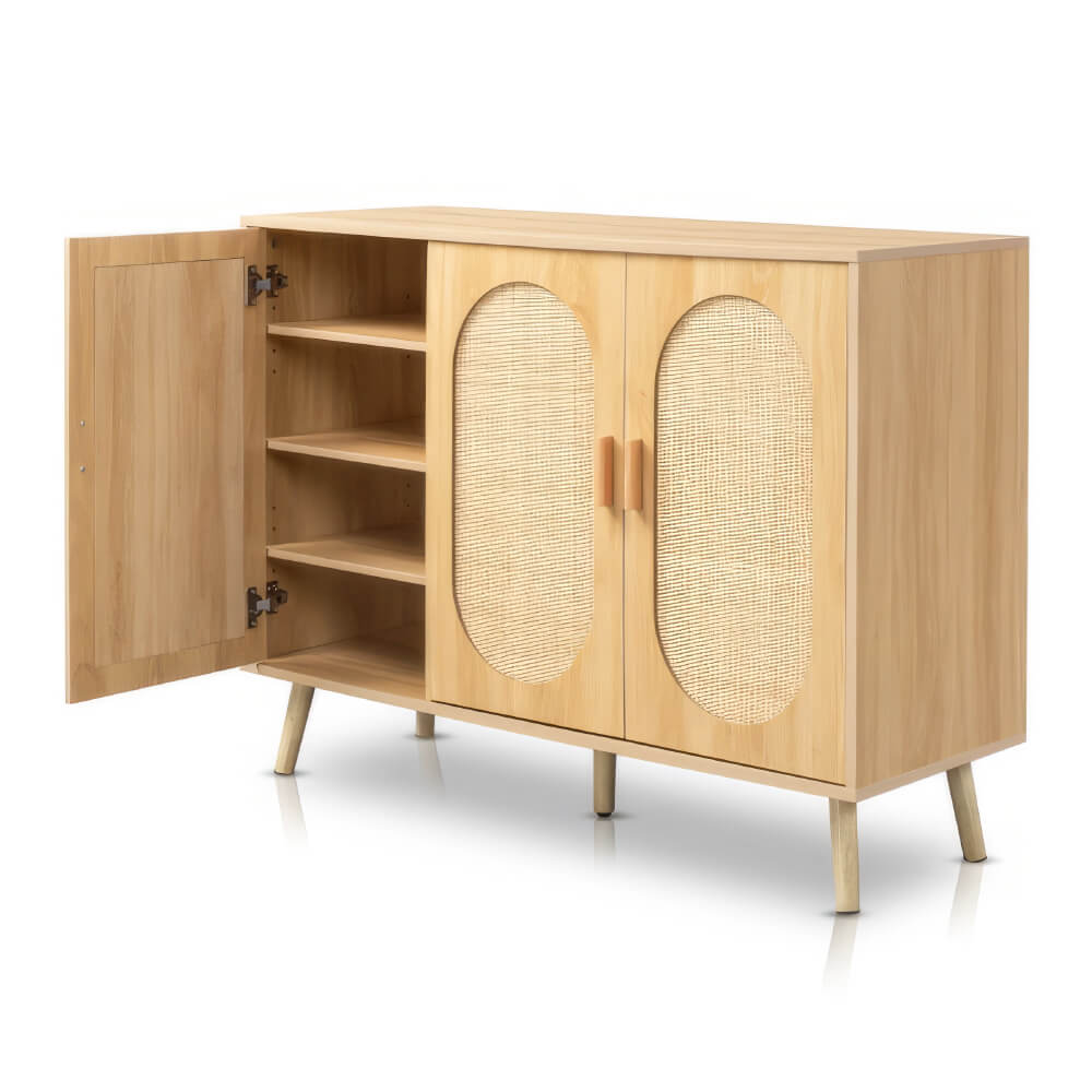 Modern Rattan Shoe Storage Cabinet with 3 Doors and Adjustable Shelves Accent Sideboard