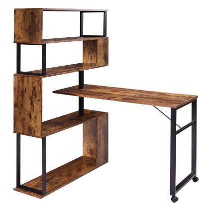 Modern L-Shaped Corner Desk with 5-Tier Bookshelf Lockable Casters for Home Office