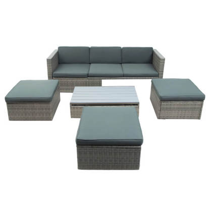 5 Piece Outdoor Patio Wicker Sofa Set with Adjustable Backrest Cushions Ottomans and Coffee Table