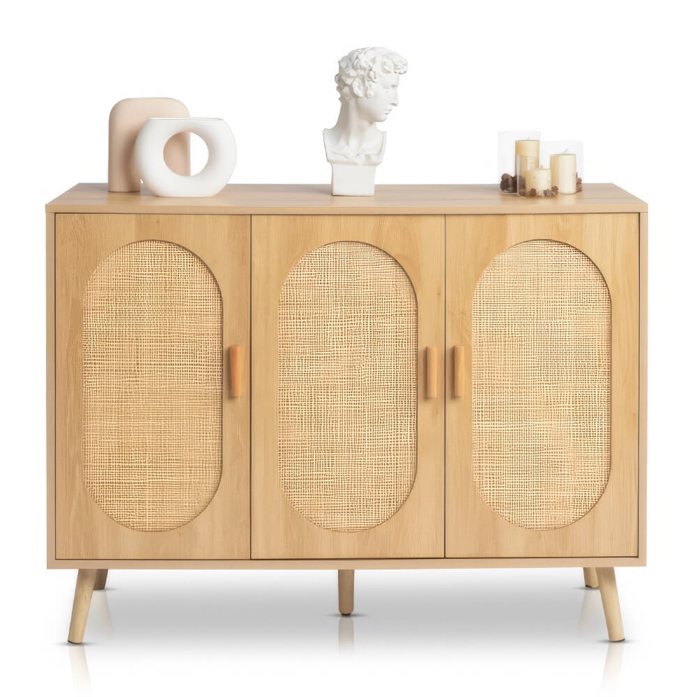 Modern Rattan Shoe Storage Cabinet with 3 Doors and Adjustable Shelves Accent Sideboard