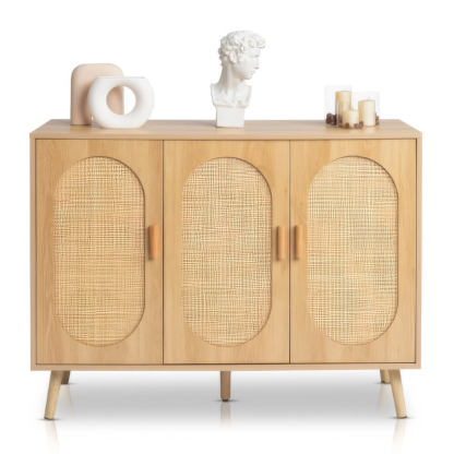 Modern Rattan Shoe Storage Cabinet with 3 Doors and Adjustable Shelves Accent Sideboard