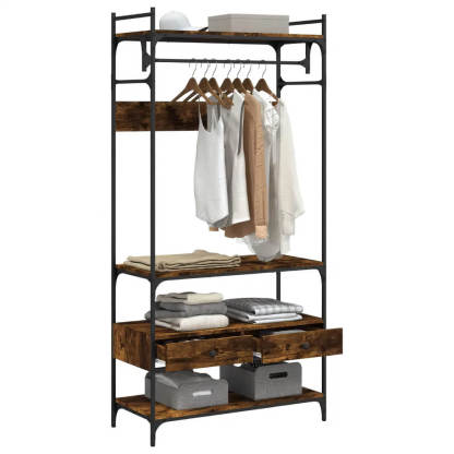 Modern Smoked Oak Wardrobe with Drawers and Metal Frame Stylish Engineered Wood Organizer