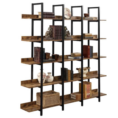 5-Tier Vintage Industrial Bookcase with Metal Frame Tall Open Storage for Home Office