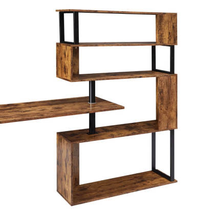 Modern L-Shaped Corner Desk with 5-Tier Bookshelf Lockable Casters for Home Office