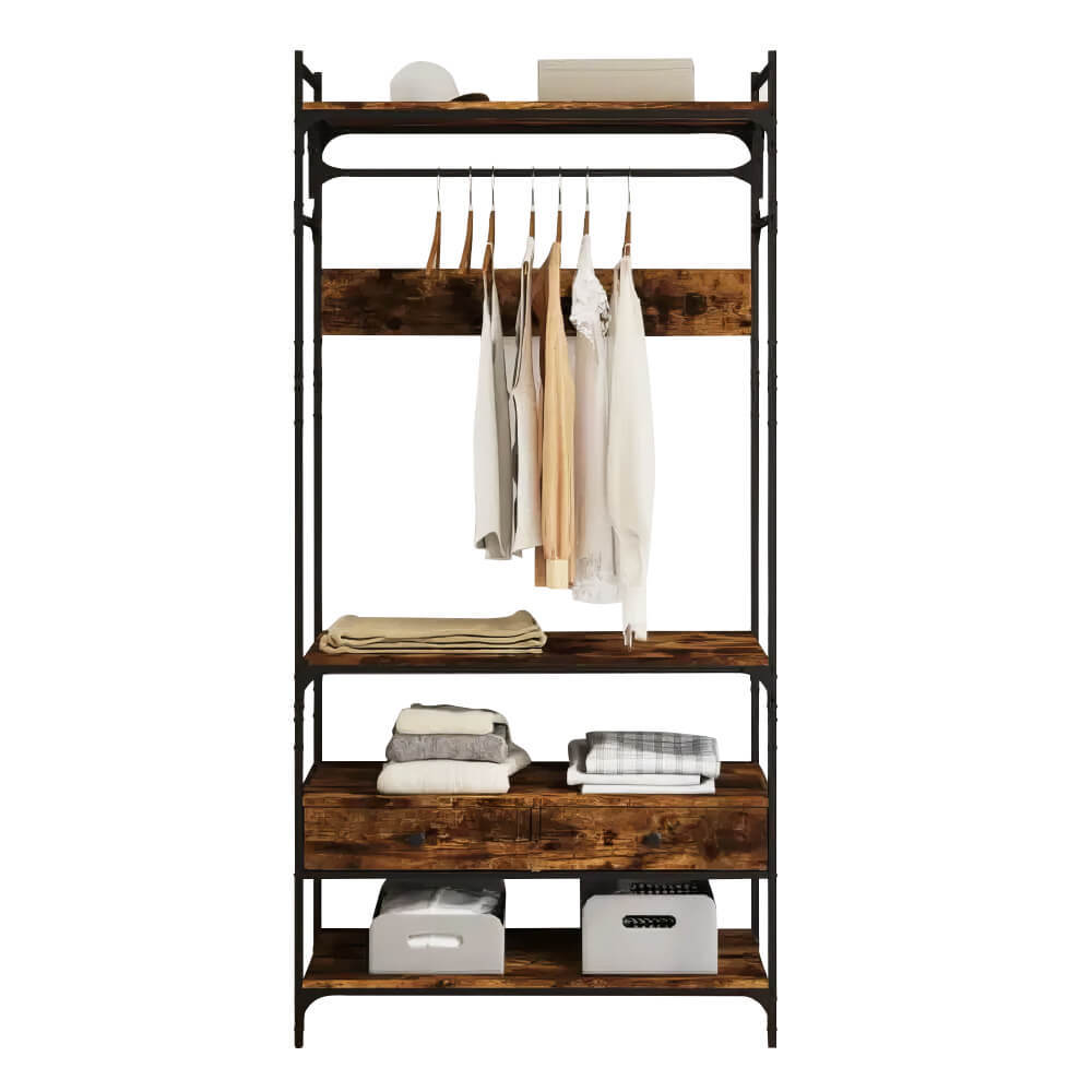 Modern Smoked Oak Wardrobe with Drawers and Metal Frame Stylish Engineered Wood Organizer