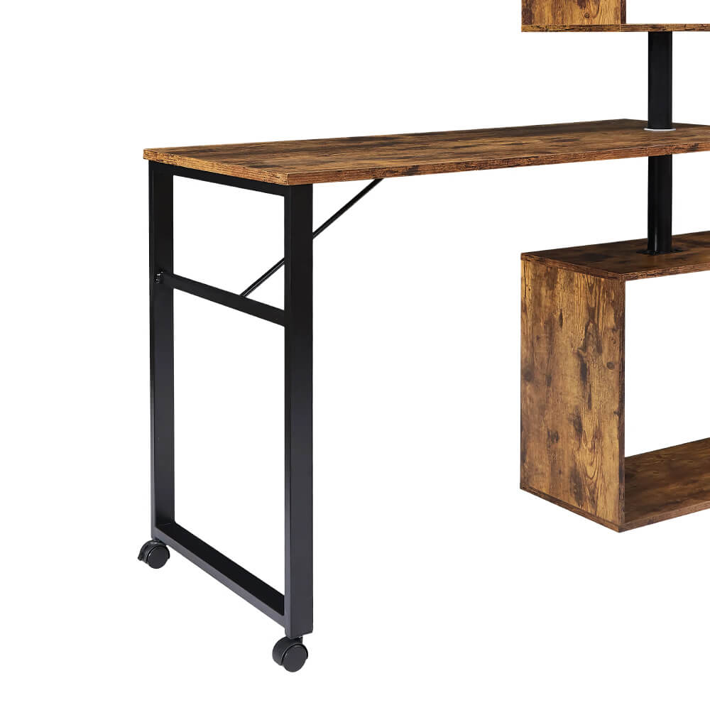 Modern L-Shaped Corner Desk with 5-Tier Bookshelf Lockable Casters for Home Office