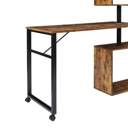 Modern L-Shaped Corner Desk with 5-Tier Bookshelf Lockable Casters for Home Office