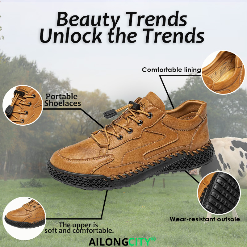 Rugged - Ailongcity®Tan Leather Lace-Up Casual Shoes Rugged Style with Secure Fit for Everyday and Outdoor Explorations
