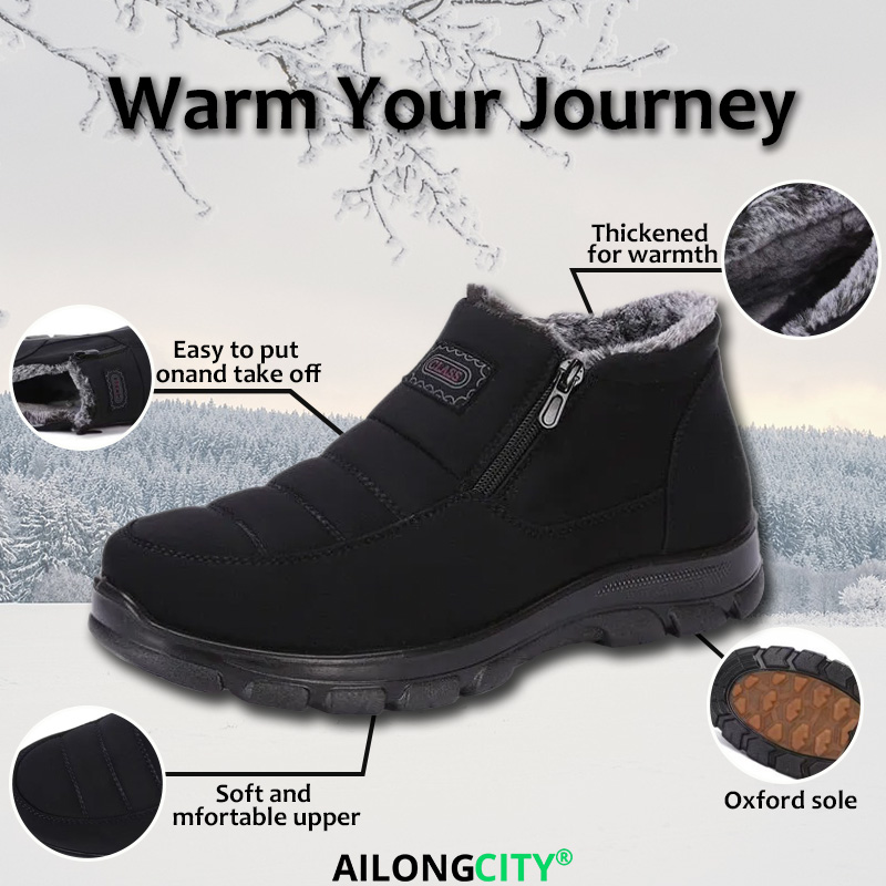 Black Fleece - Ailongcity® Lined Winter Ankle Boots Cozy Warmth with Convenient Zipper Design for Cold Days
