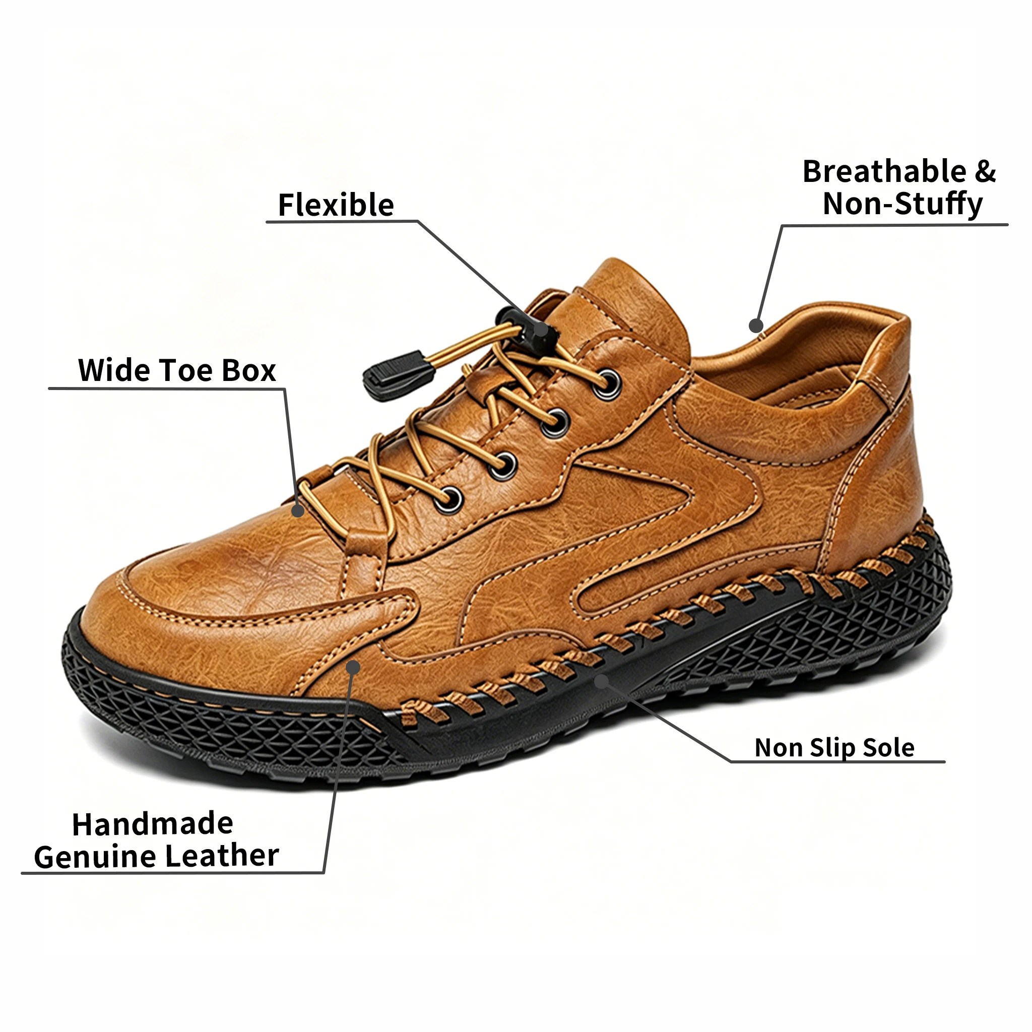Rugged - Ailongcity®Tan Leather Lace-Up Casual Shoes Rugged Style with Secure Fit for Everyday and Outdoor Explorations