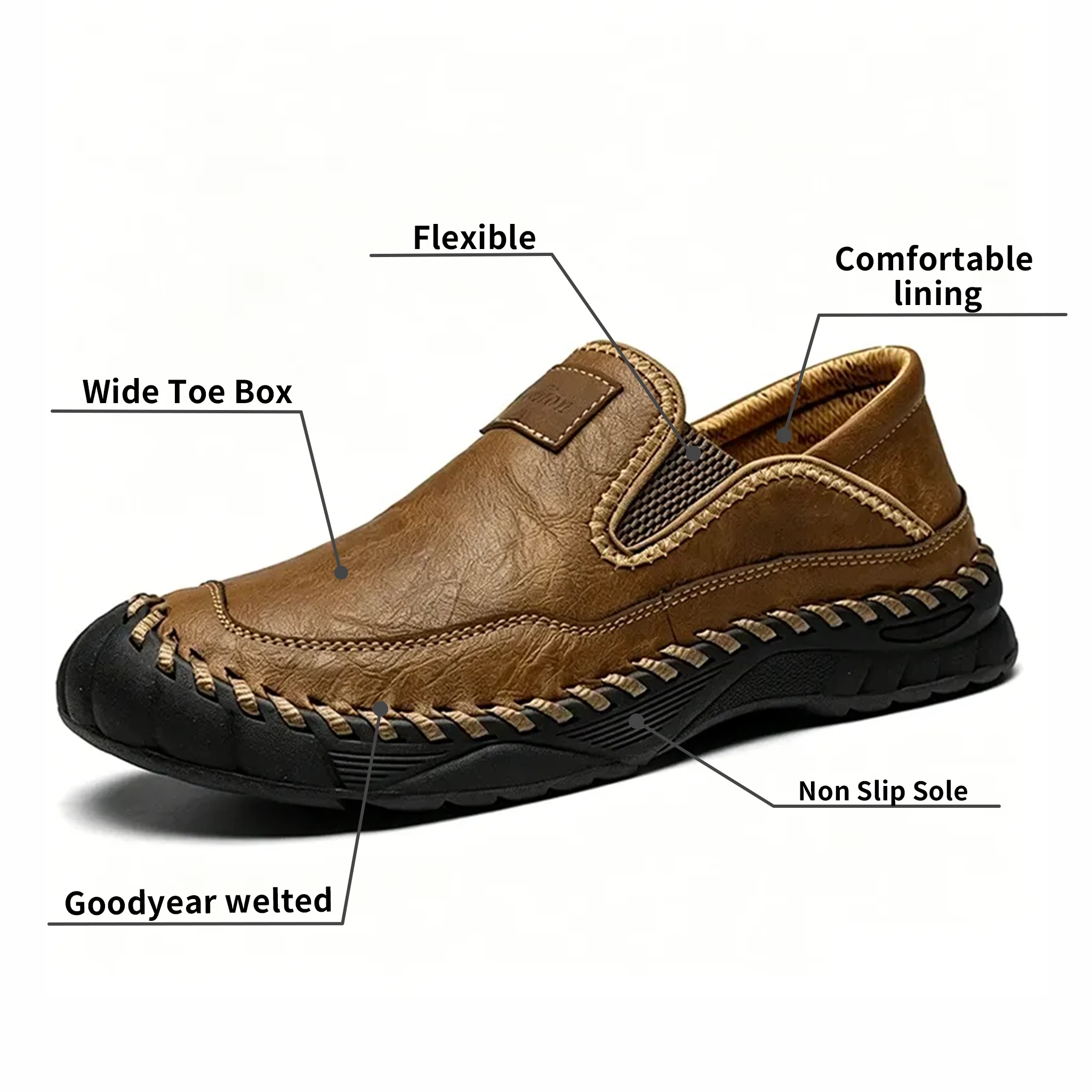 Tan Leather Hand-Stitched - Ailongcity® Slip-On Casual Shoes: Artisan Craftsmanship with Rugged Comfort for Everyday and Outdoor Wear