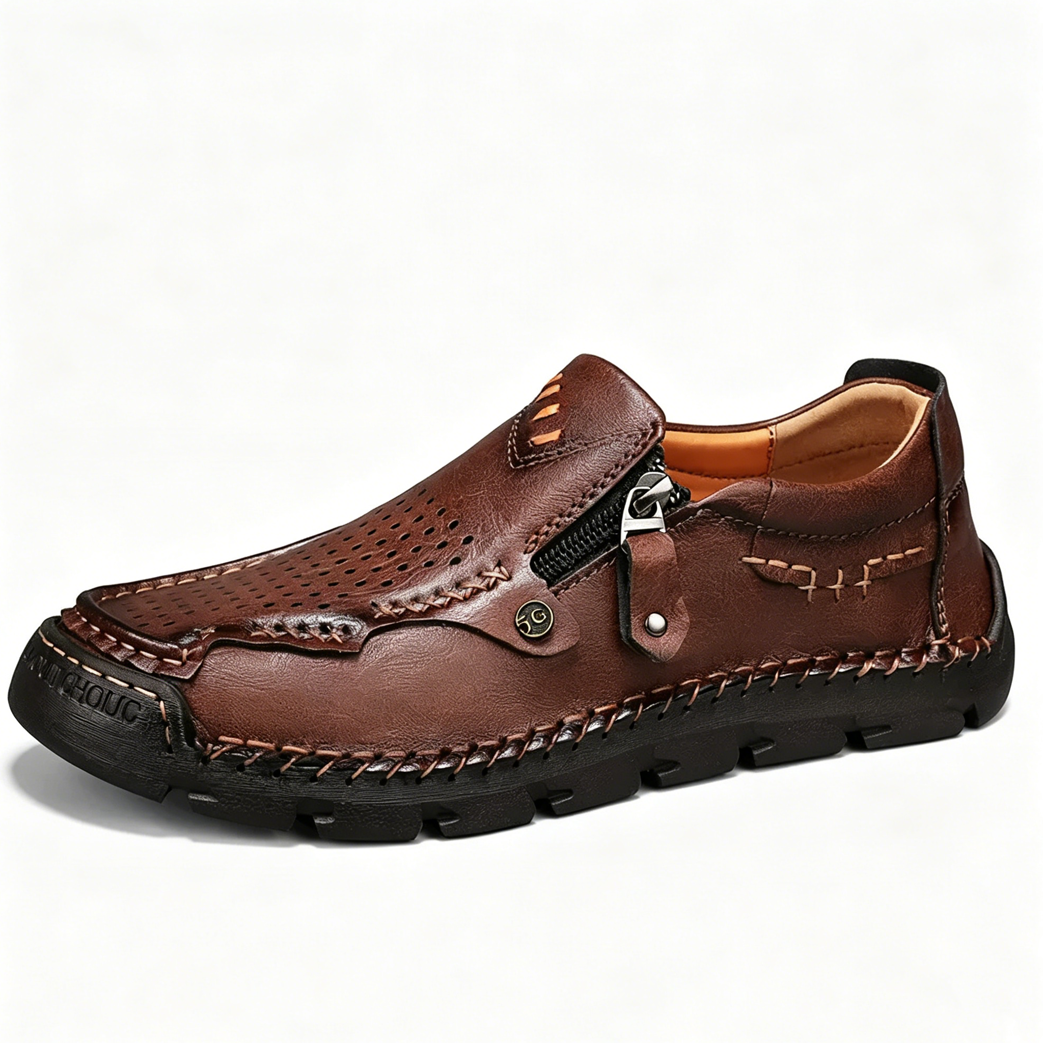 Brown Perforated Zippered - Ailongcity® Casual Leather Shoes Artisan Craftsmanship with Breathable Effortless Style