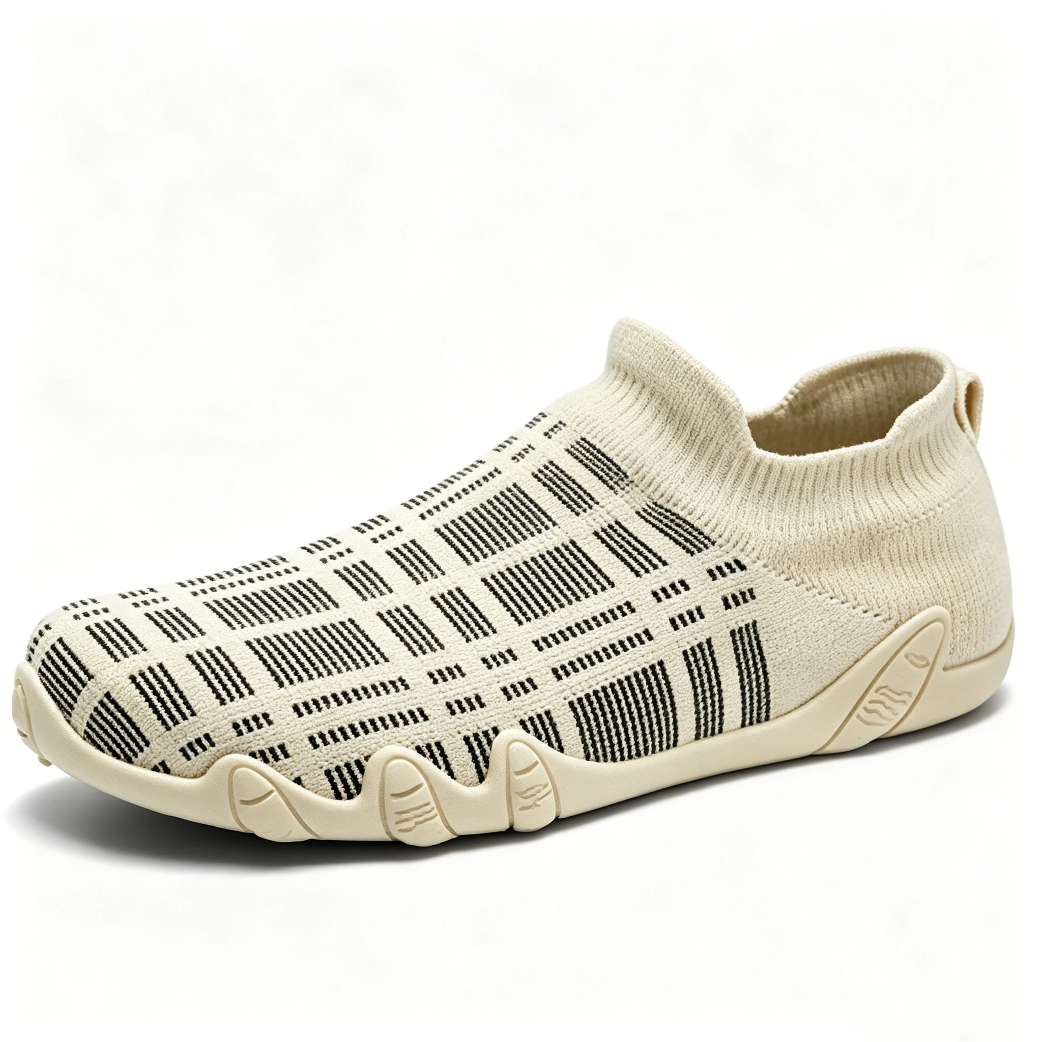Beige Knit Patterned - Ailongcity® Slip-On Casual Sneakers: Adaptive Knit Comfort with Stylish Detailing for Everyday Versatility