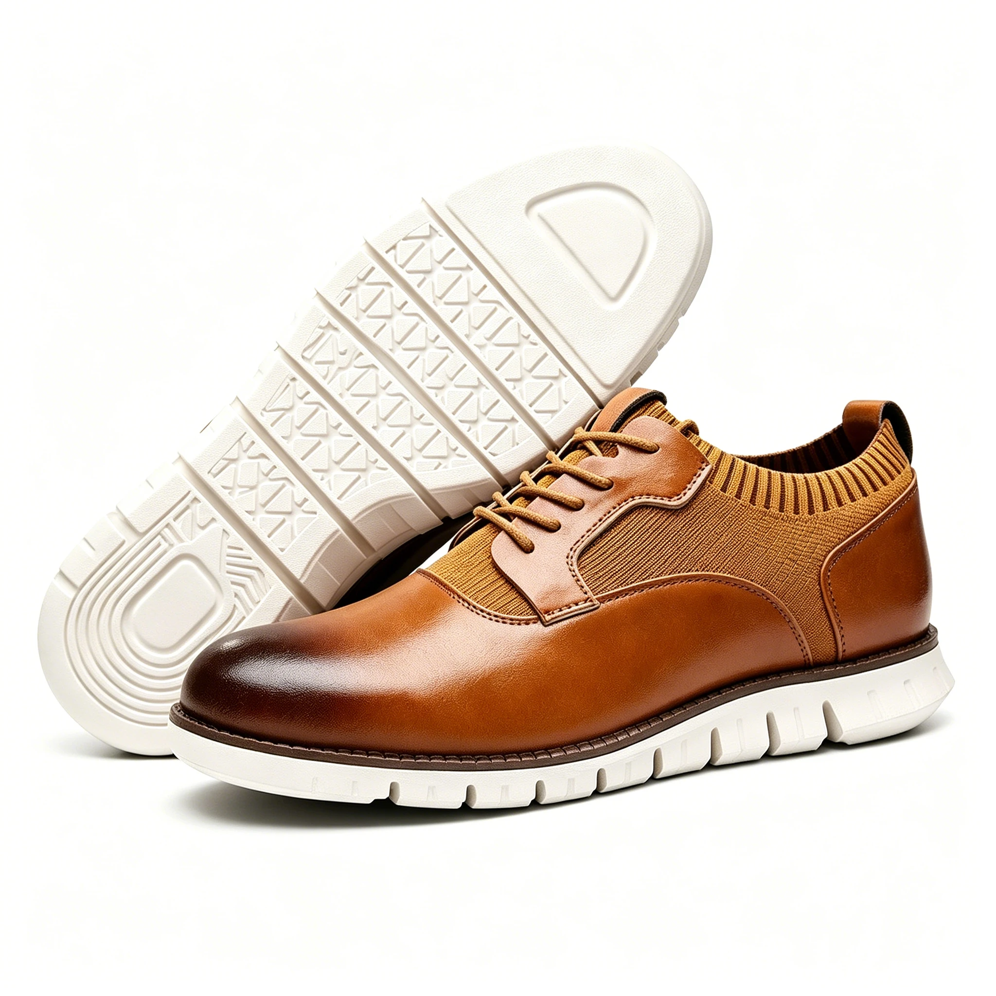 Tan Knit-Leather Hybrid Dress Sneakers: Sophistication Meets Sporty Comfort Casual Oxford Lace Up Dress Shoes