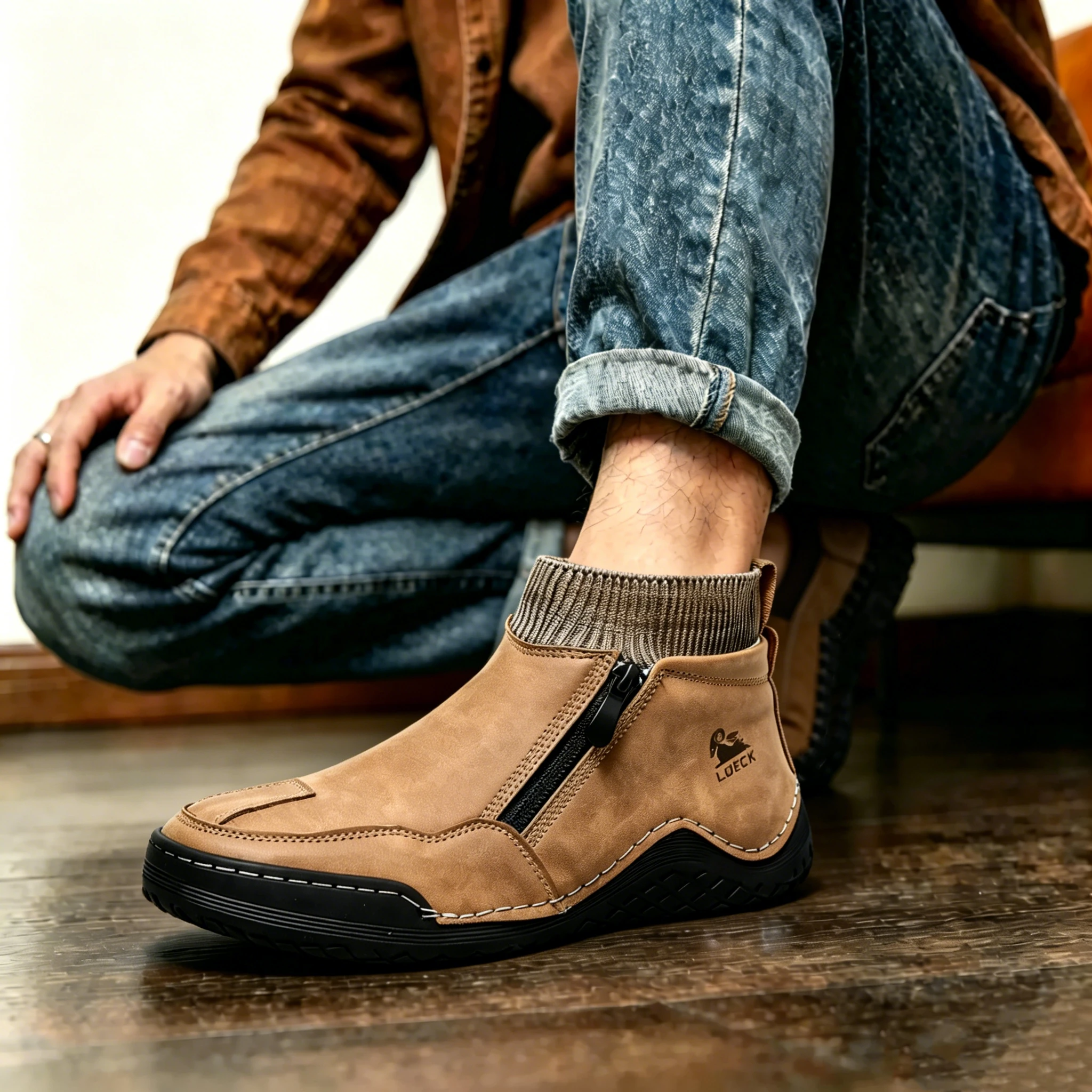 Tan Leather Knit-Collar - Ailongcity® Zip-Up Ankle Boots: Fusion of Style and Comfort with Rugged Traction for Urban Explorers