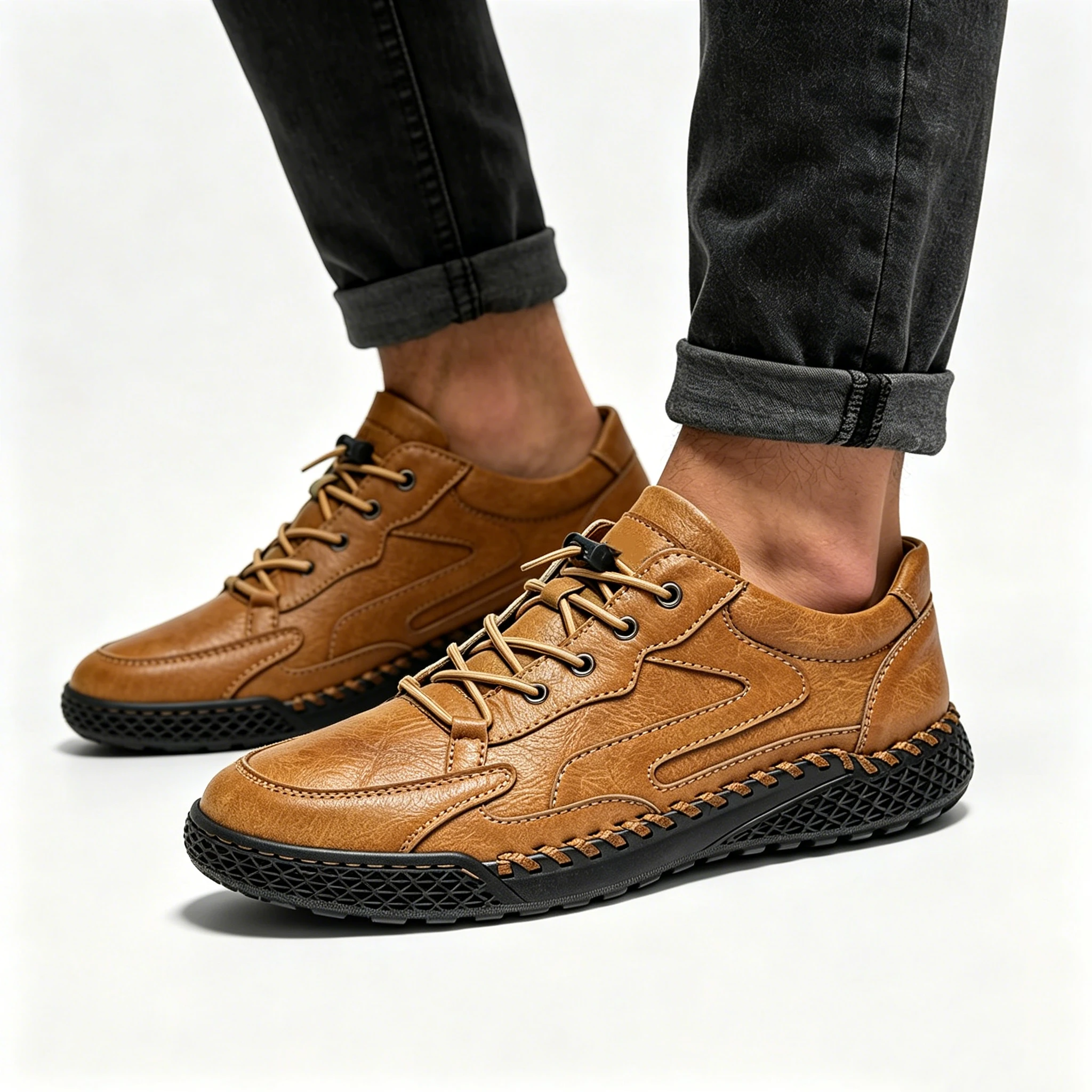 Rugged - Ailongcity®Tan Leather Lace-Up Casual Shoes Rugged Style with Secure Fit for Everyday and Outdoor Explorations