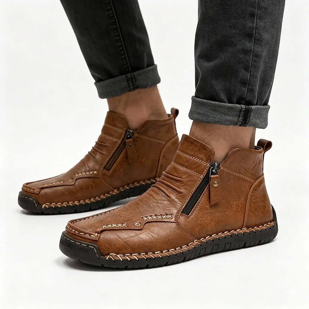 Artisan Craftsmanship(Unisex) - Ailongcity®Tan Leather Hand-Stitched Zip-Up Ankle Boots Artisan Craftsmanship with Stylish Functionality for Urban and Outdoor Adventures