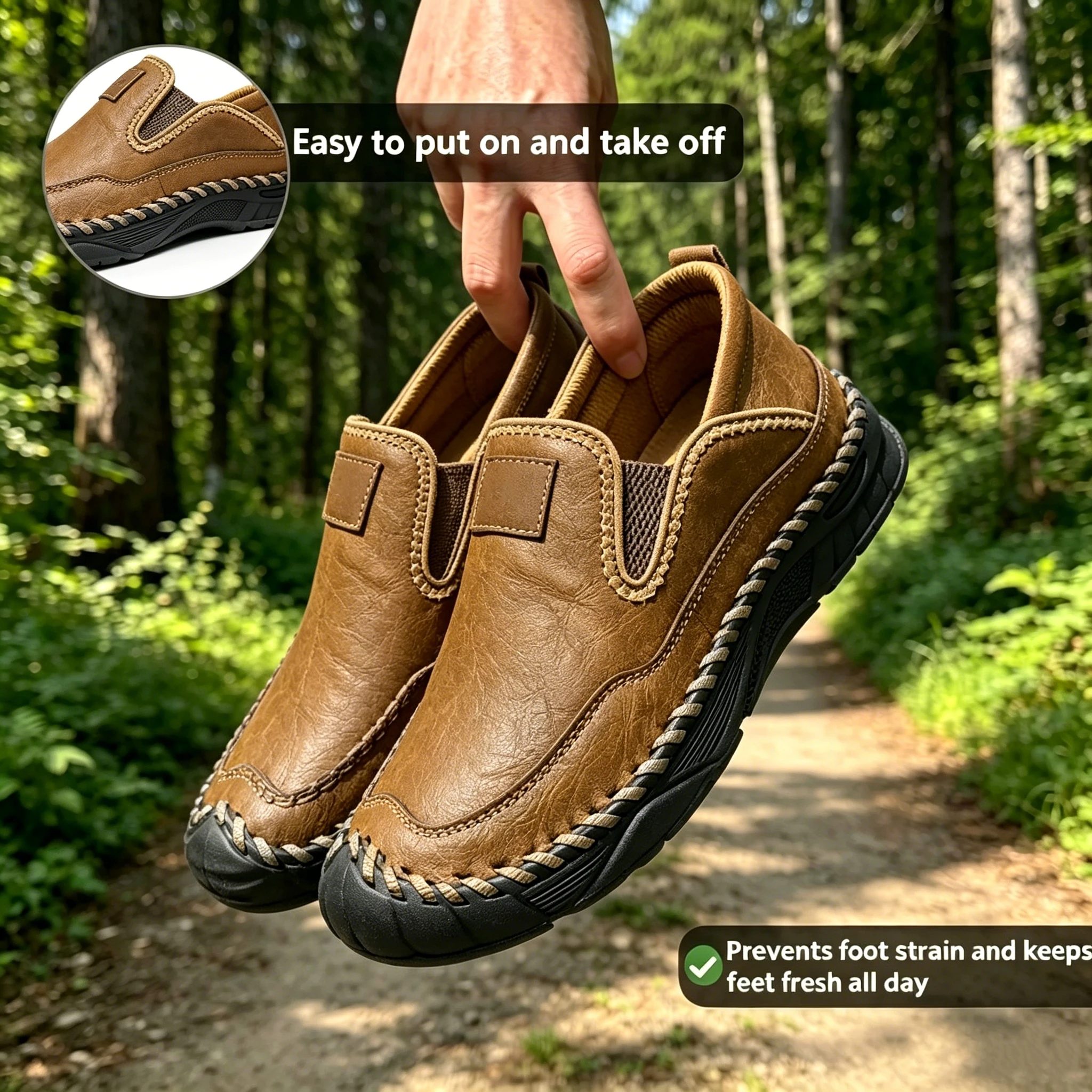 Tan Leather Hand-Stitched - Ailongcity® Slip-On Casual Shoes: Artisan Craftsmanship with Rugged Comfort for Everyday and Outdoor Wear