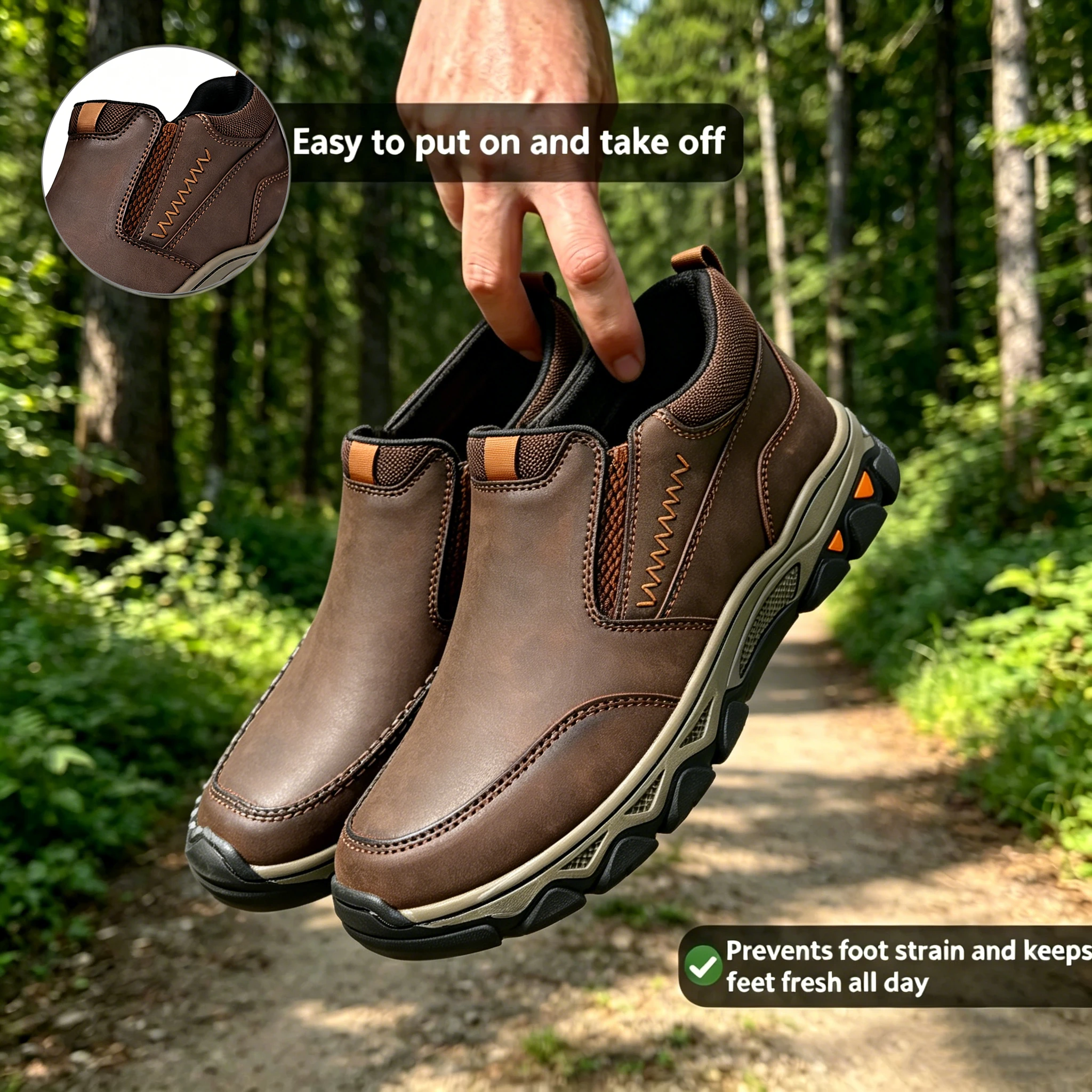 Brown Leather Slip-On - Ailongcity® Outdoor Hiking Shoes: Rugged Comfort with Stylish Detailing for Trail and Urban Explorations