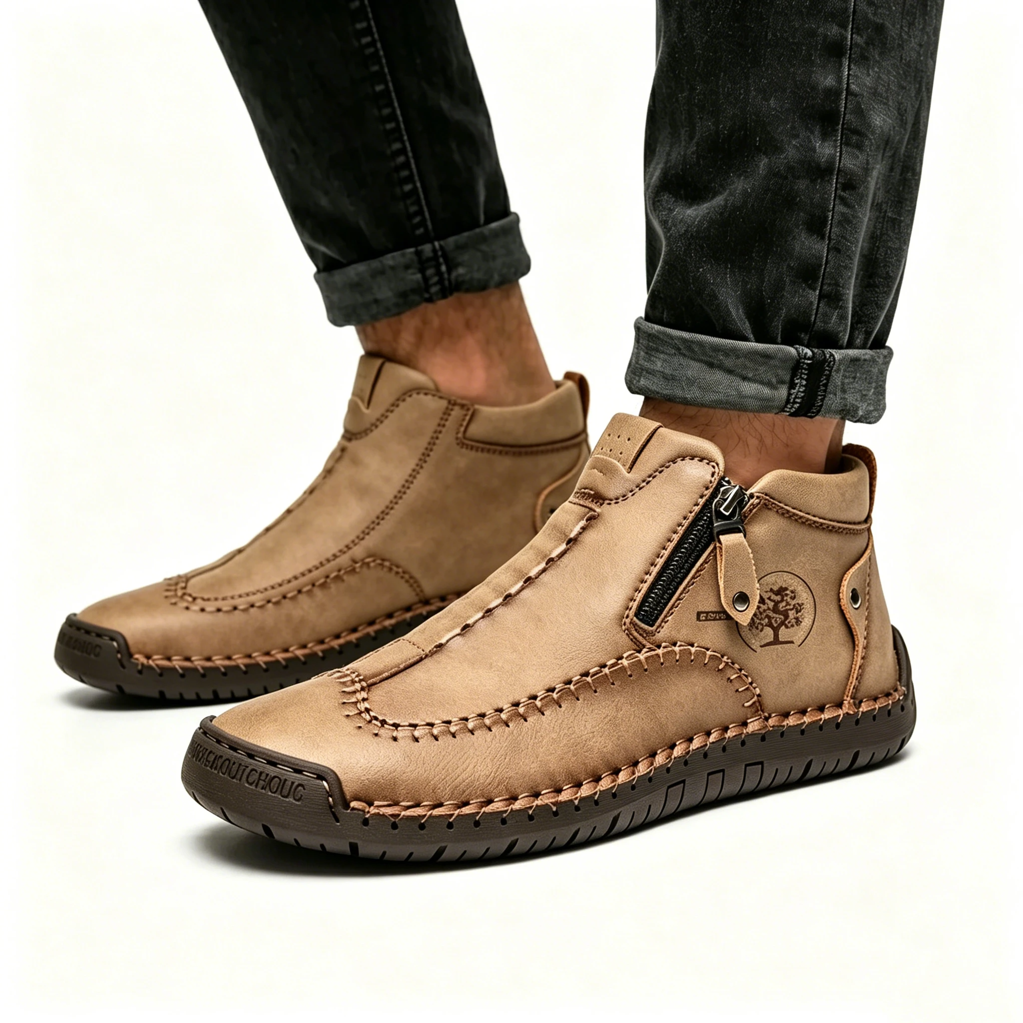 Tan Artisan - Ailongcity® Zippered Ankle Boots: Handcrafted Style with Functional Ease