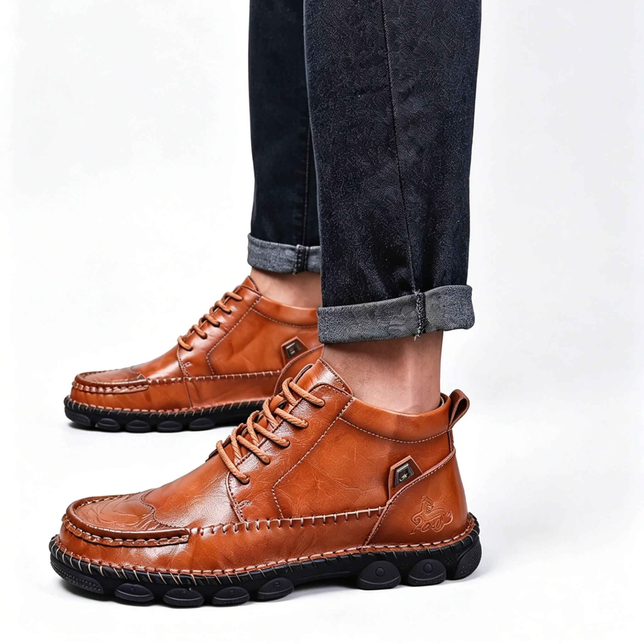 Tan Crafted - Ailongcity® Leather Lace-Up Ankle Boots Artisan Style Meets Durable Comfort
