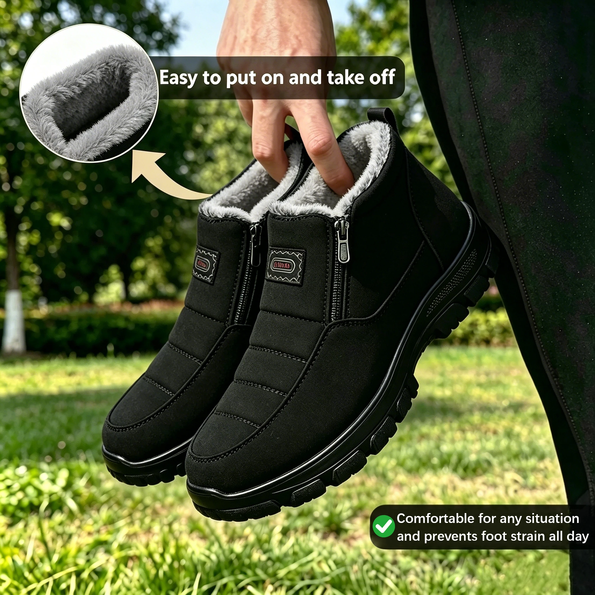 Black Fleece - Ailongcity® Lined Winter Ankle Boots Cozy Warmth with Convenient Zipper Design for Cold Days