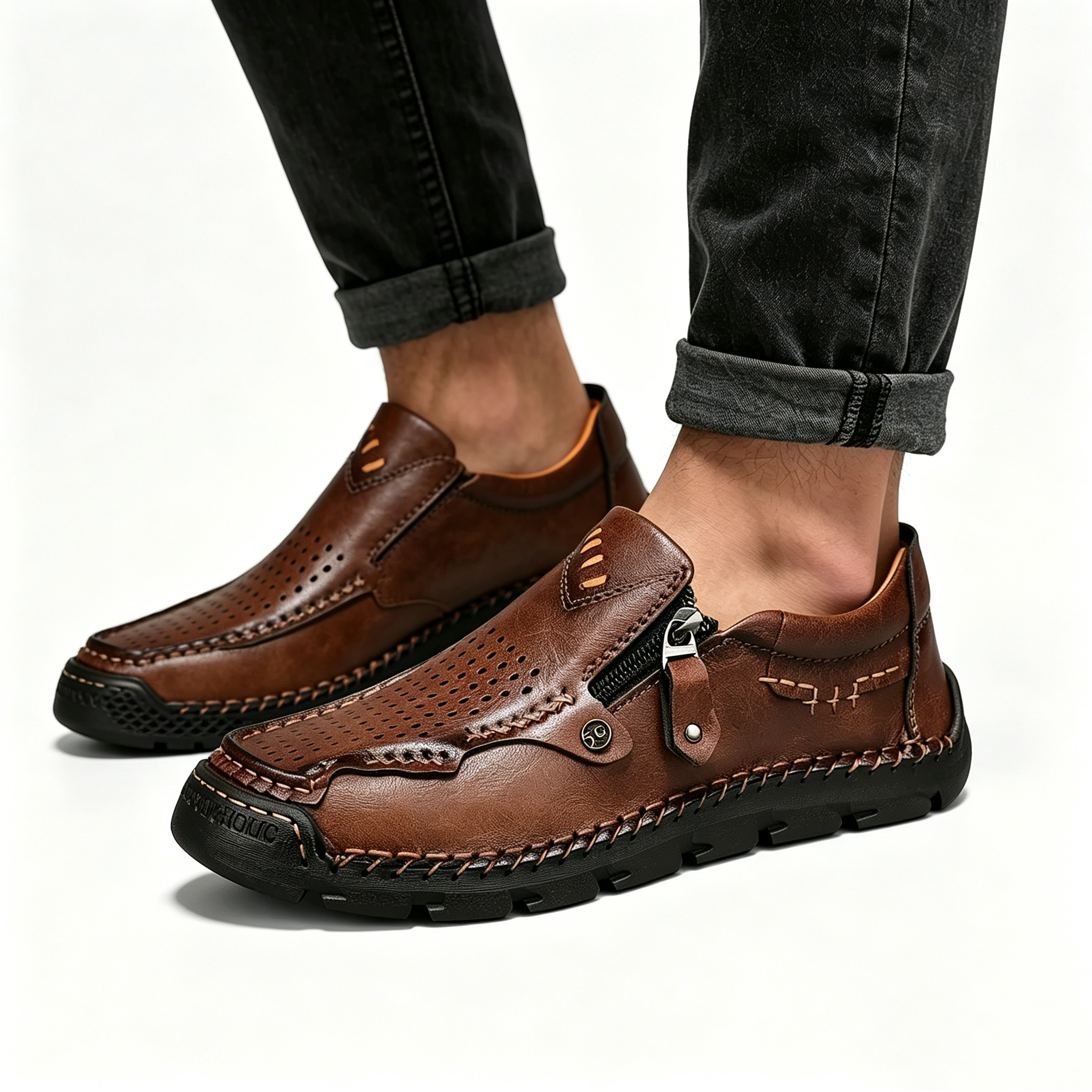 Brown Perforated Zippered - Ailongcity® Casual Leather Shoes Artisan Craftsmanship with Breathable Effortless Style