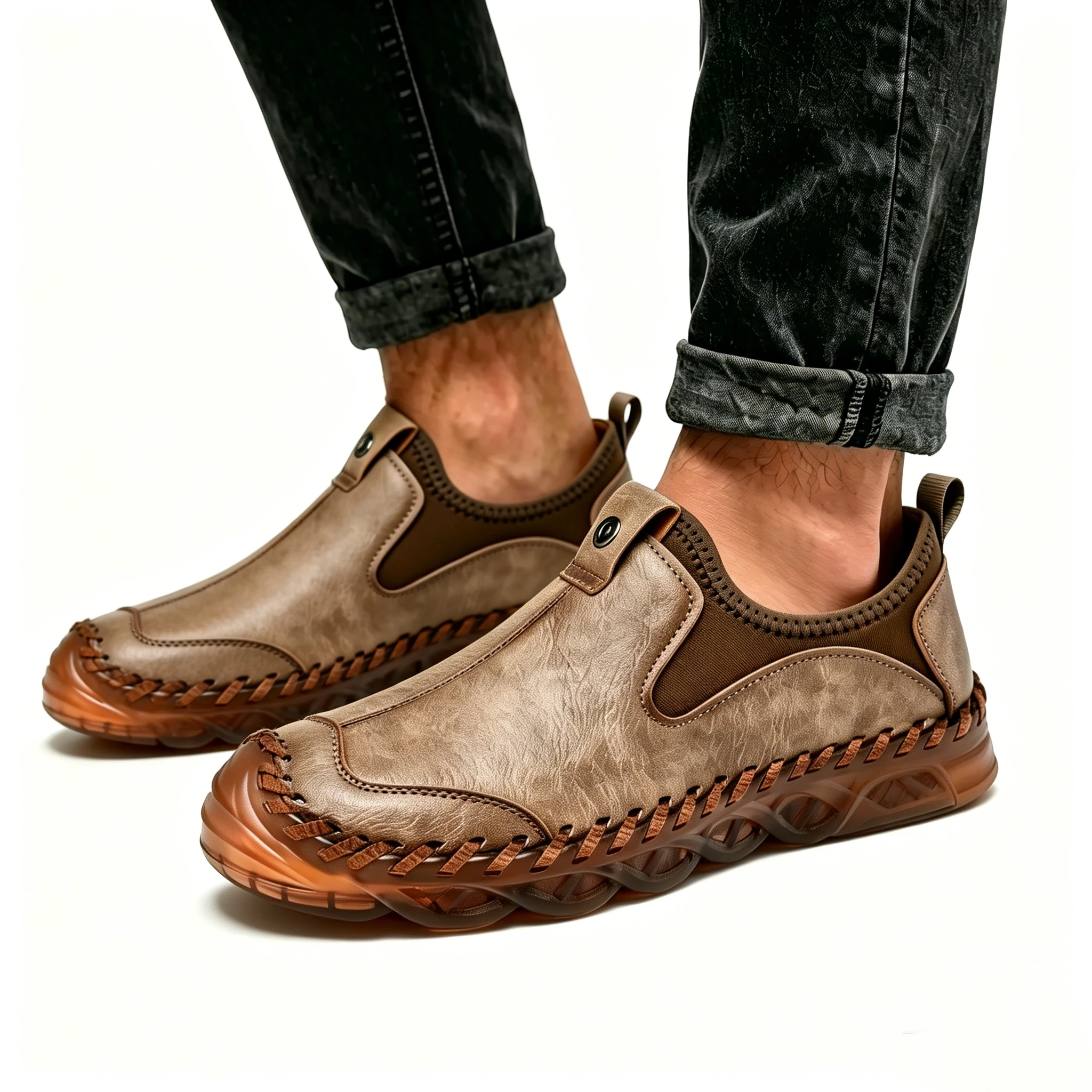 Tan Artisan Woven - Ailongcity® Slip-On Leather Shoes: Handcrafted Elegance with Cloud-Like Comfort