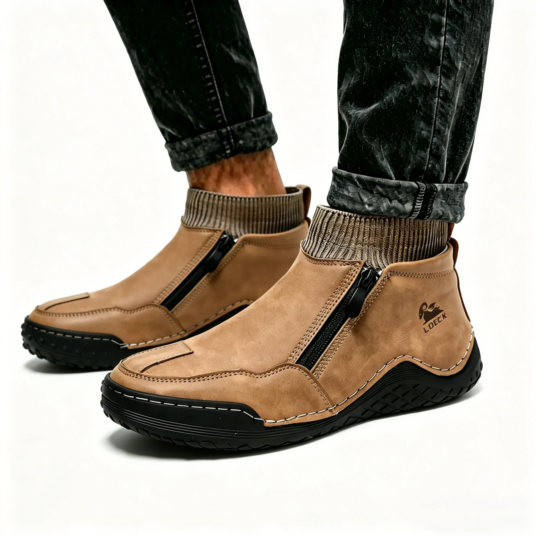 Tan Leather Knit-Collar - Ailongcity® Zip-Up Ankle Boots: Fusion of Style and Comfort with Rugged Traction for Urban Explorers