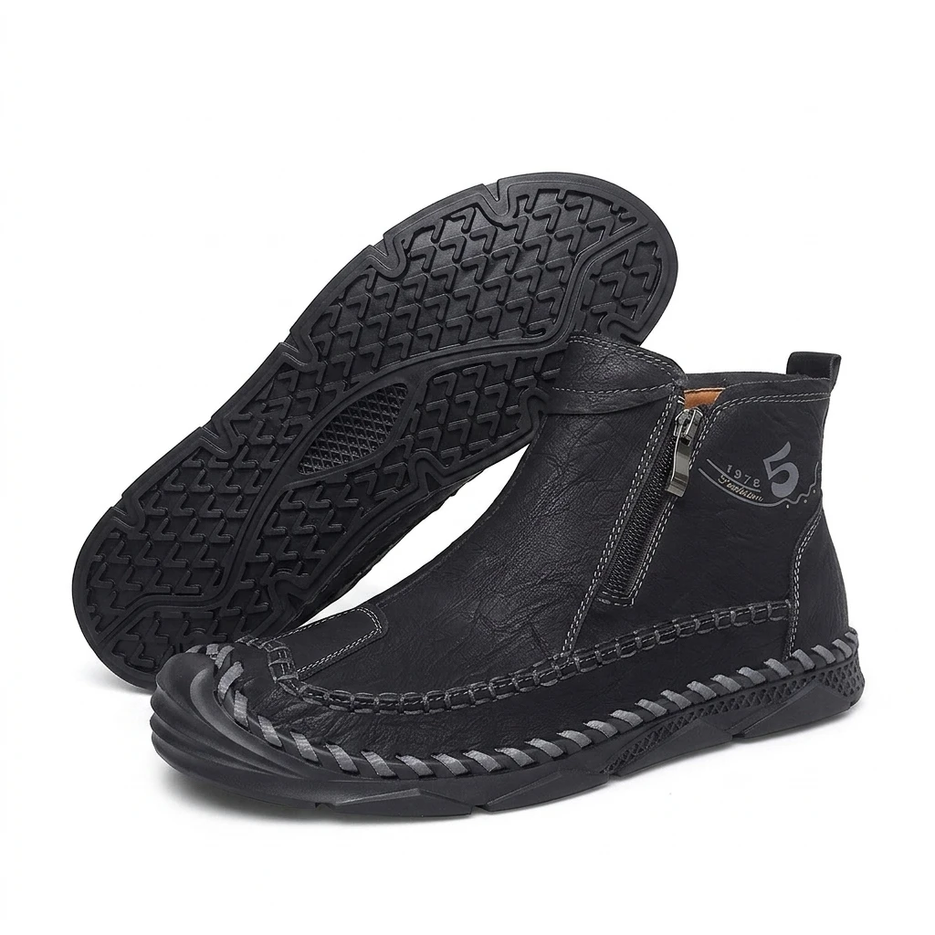 Tan Leather Hand-Stitched - Ailongcity® Zip-Up Ankle Boots: Artisan Craftsmanship with Timeless Style for Urban and Outdoor Explorations