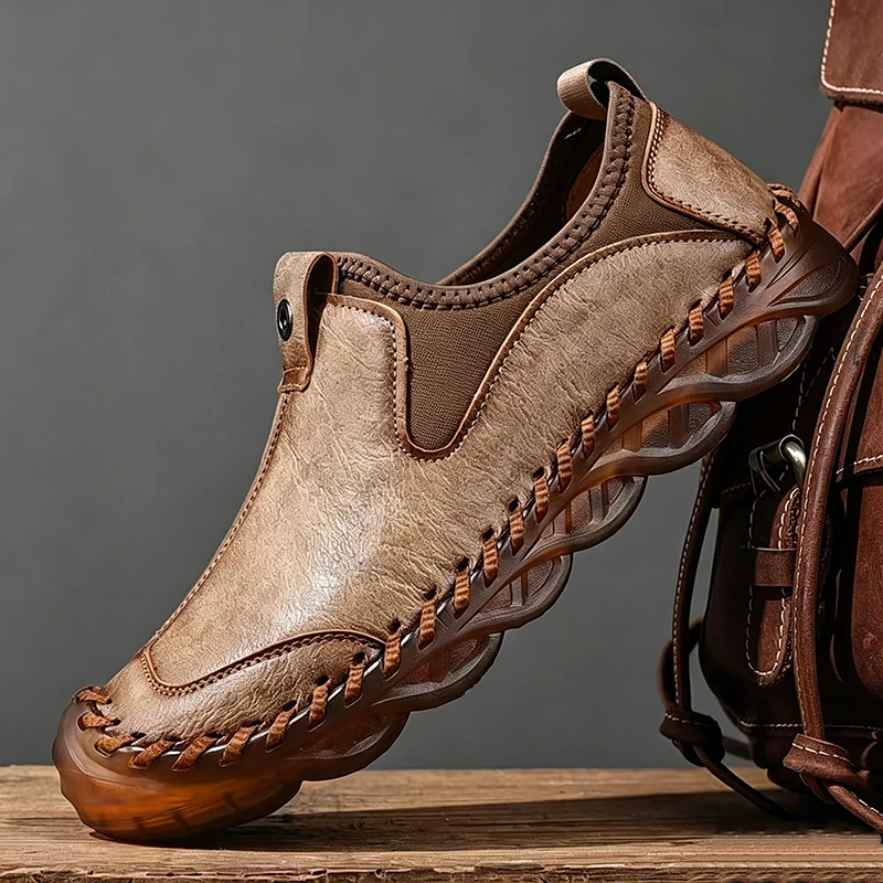 Tan Artisan Woven - Ailongcity® Slip-On Leather Shoes: Handcrafted Elegance with Cloud-Like Comfort