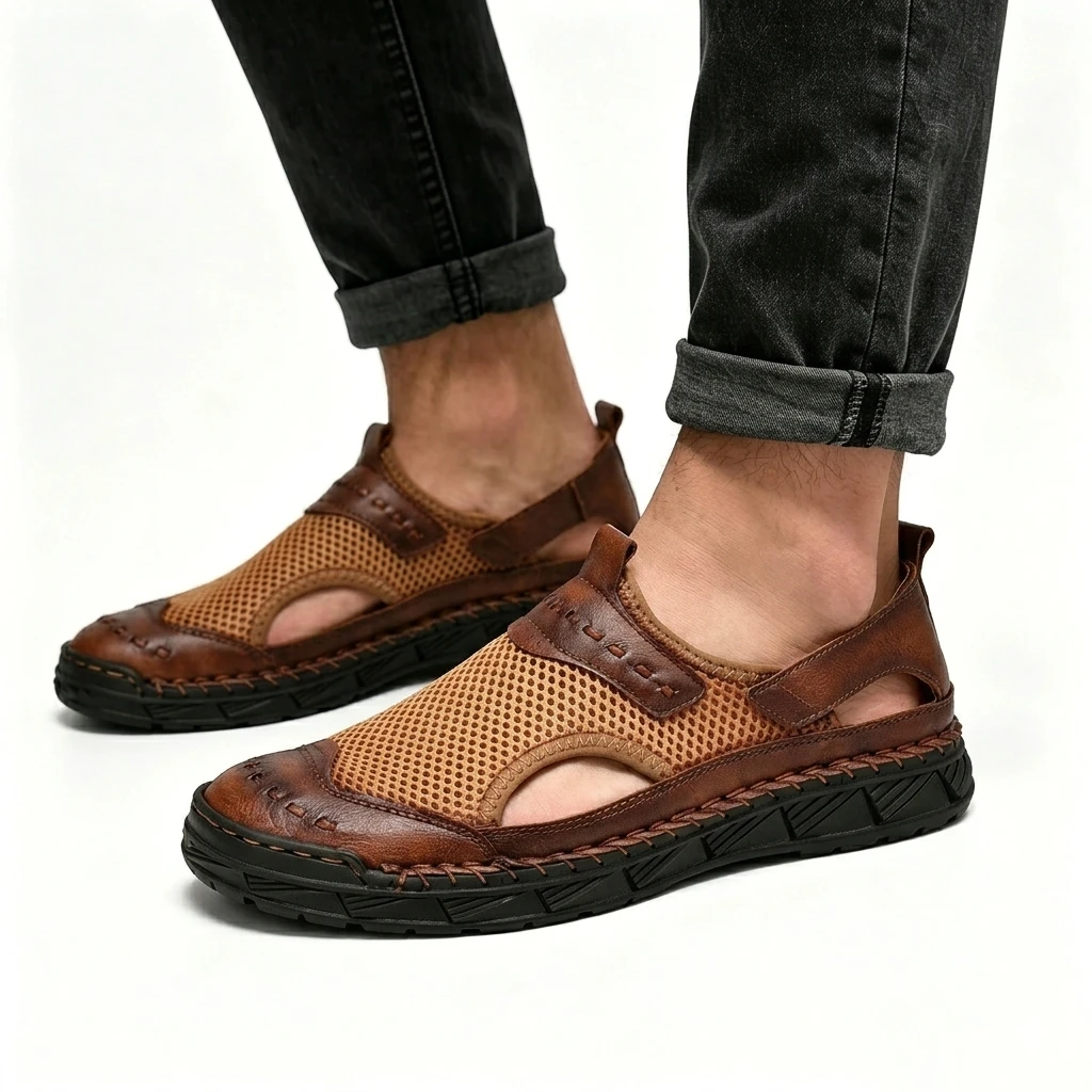 Tan Mesh-Leather Hybrid - Ailongcity® Outdoor Sandals: Breathable Craftsmanship for Summer Adventures