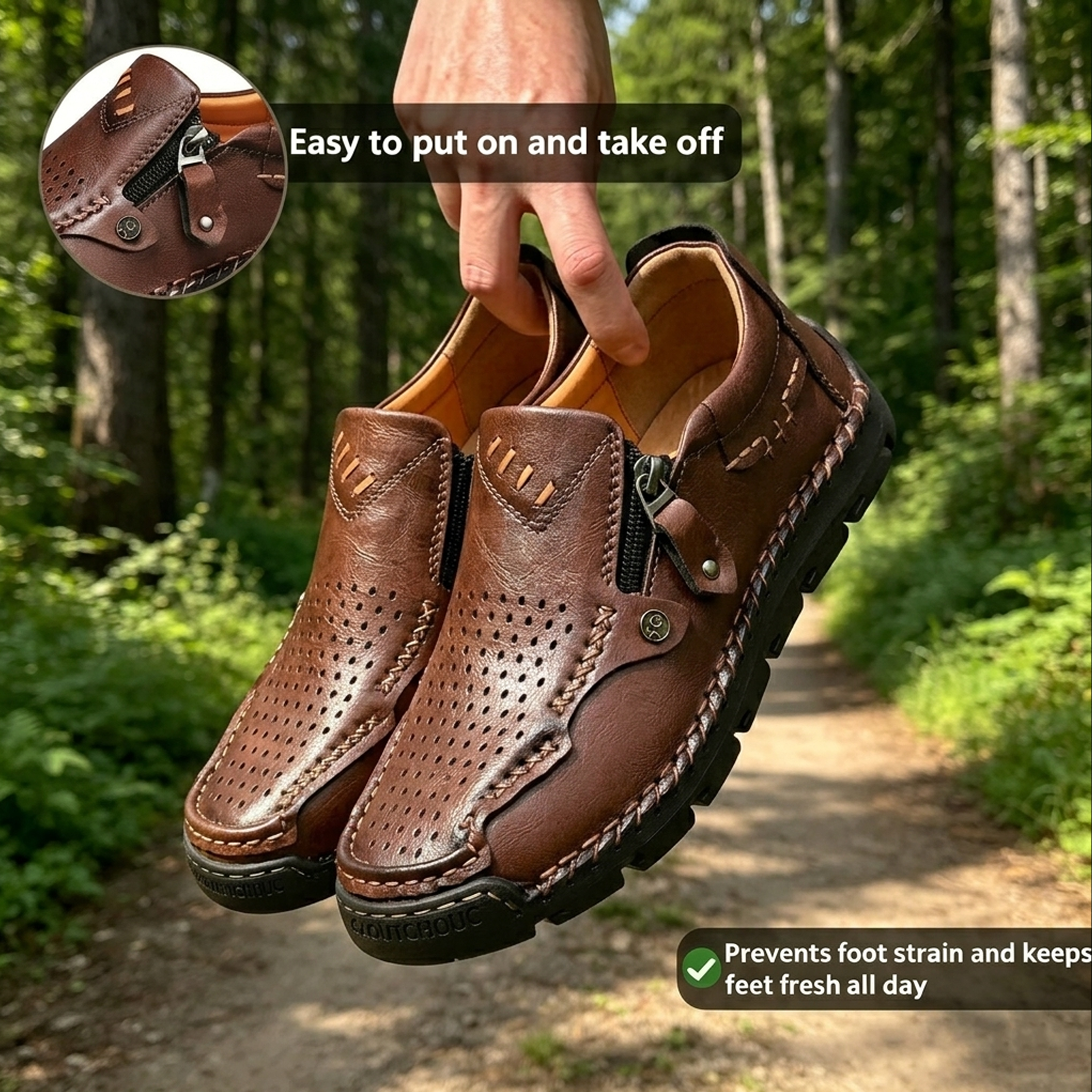 Brown Perforated Zippered - Ailongcity® Casual Leather Shoes Artisan Craftsmanship with Breathable Effortless Style