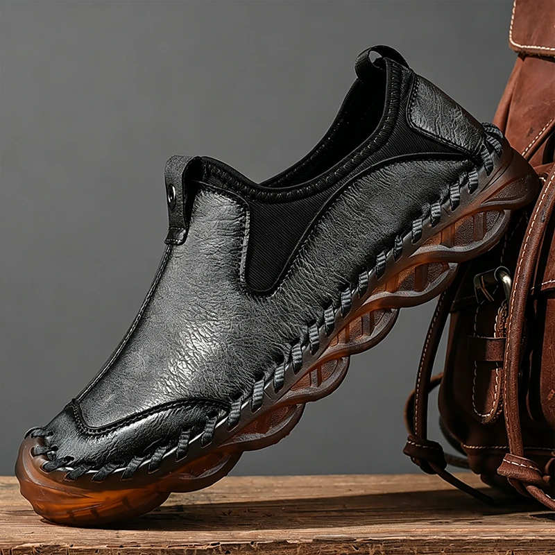 Tan Artisan Woven - Ailongcity® Slip-On Leather Shoes: Handcrafted Elegance with Cloud-Like Comfort