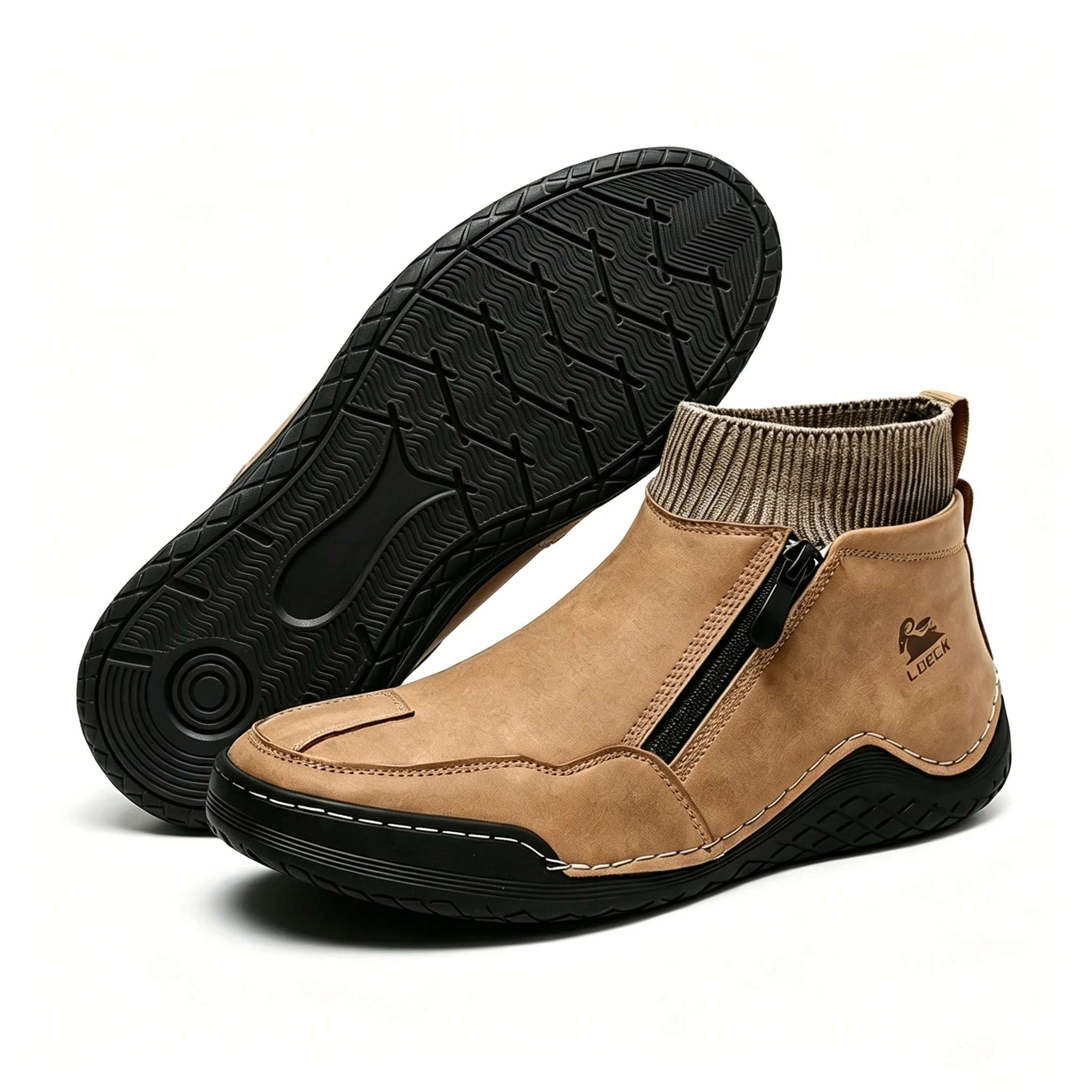 Tan Leather Knit-Collar - Ailongcity® Zip-Up Ankle Boots: Fusion of Style and Comfort with Rugged Traction for Urban Explorers