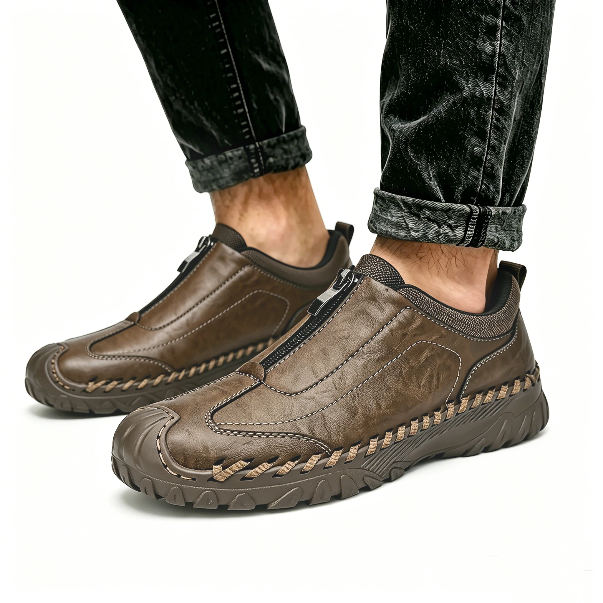 Brown Artisan - Ailongcity® Zippered Outdoor Shoes: Handcrafted Durability for Adventure