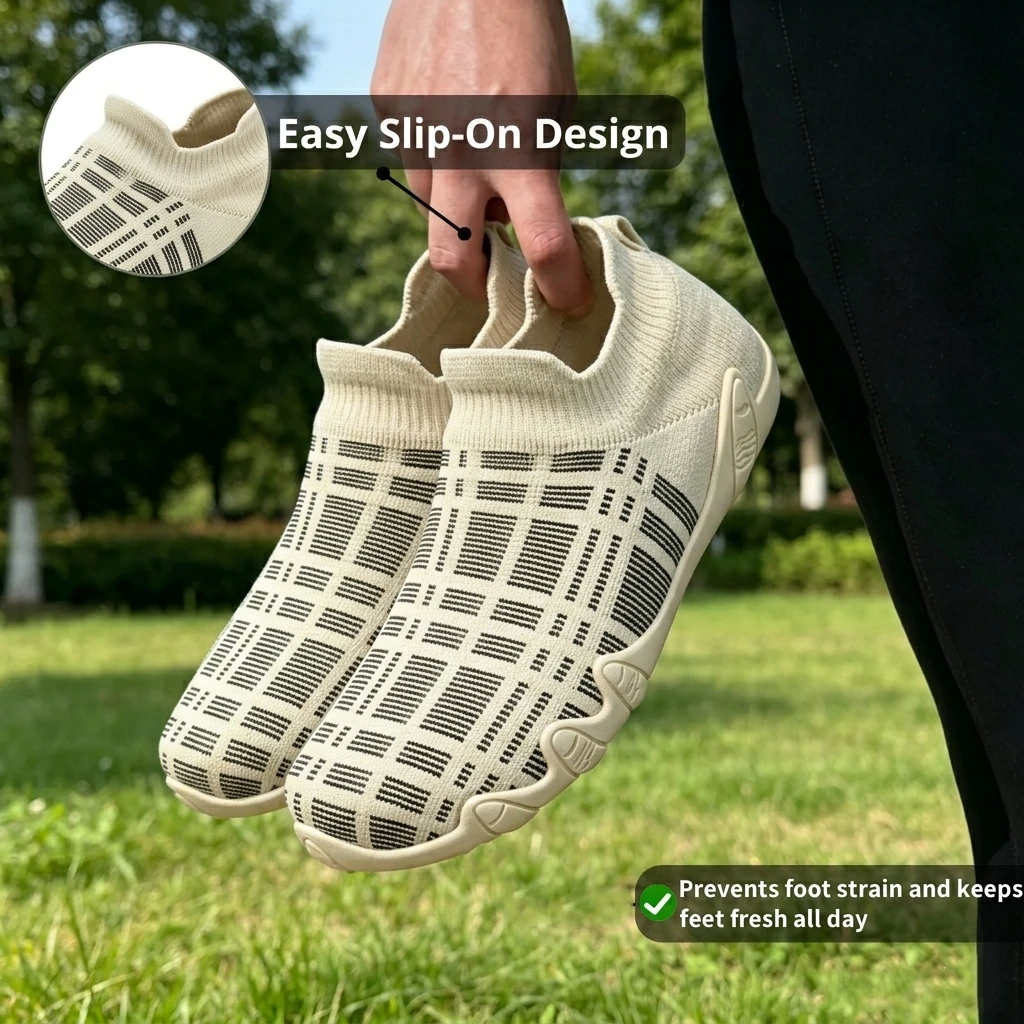 Beige Knit Patterned - Ailongcity® Slip-On Casual Sneakers: Adaptive Knit Comfort with Stylish Detailing for Everyday Versatility