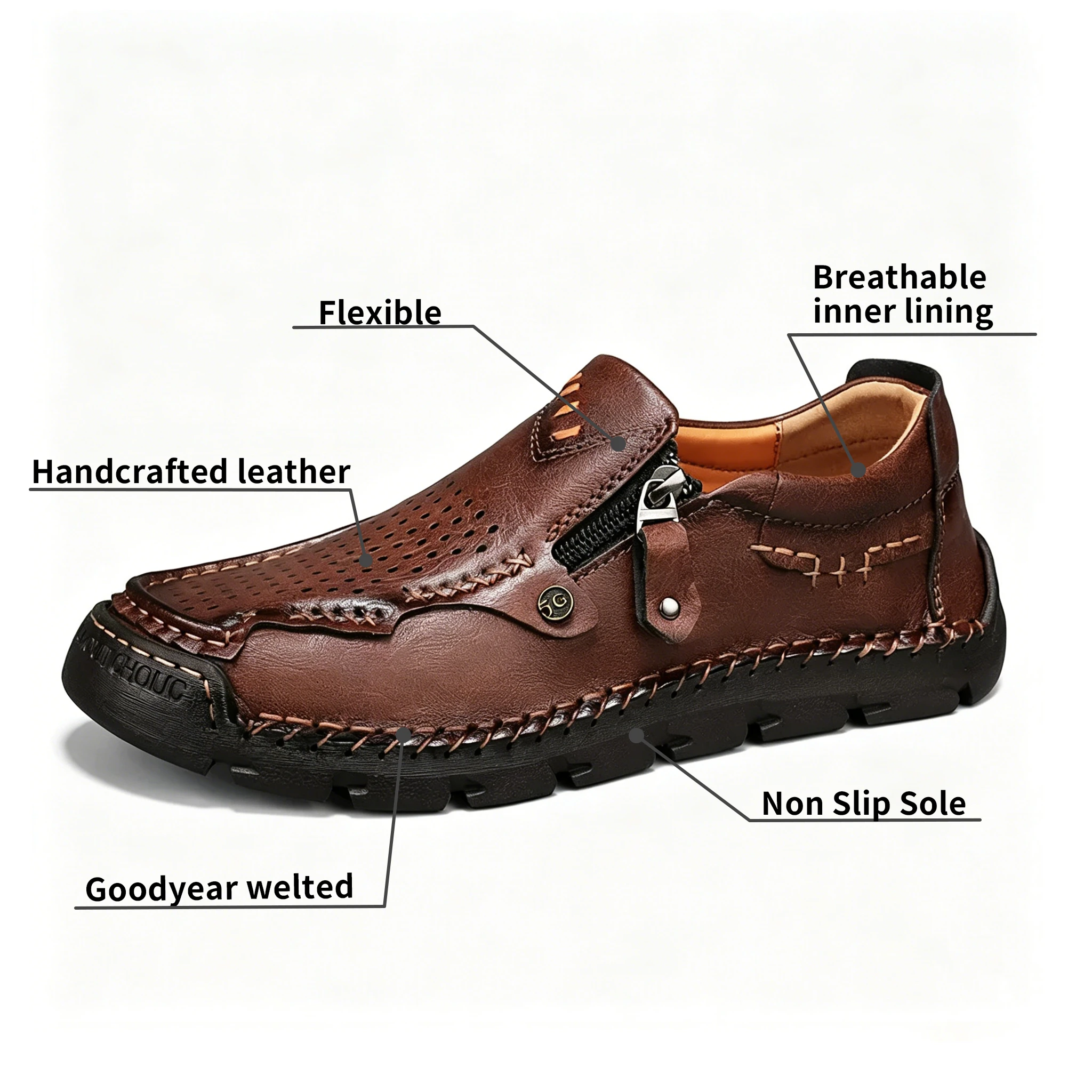 Brown Perforated Zippered - Ailongcity® Casual Leather Shoes Artisan Craftsmanship with Breathable Effortless Style