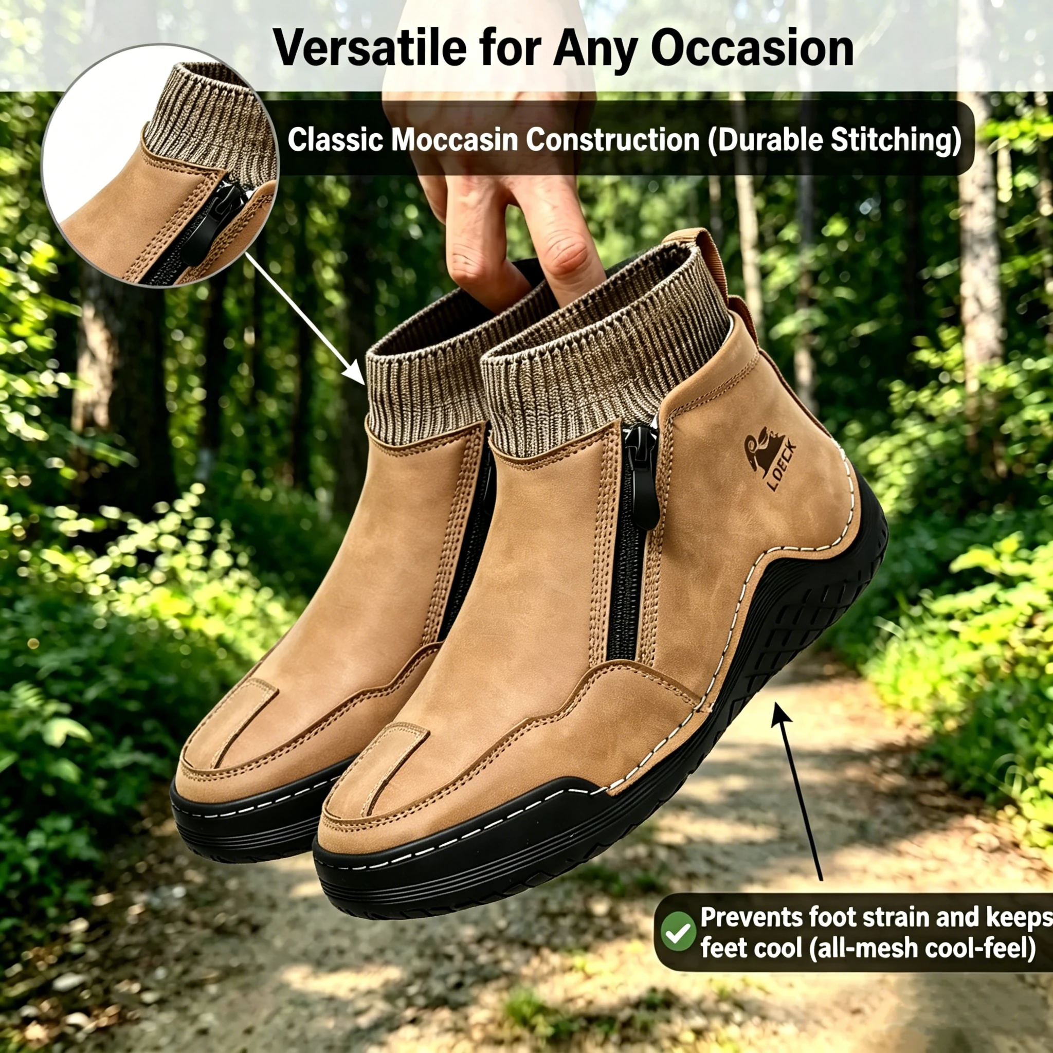 Tan Leather Knit-Collar - Ailongcity® Zip-Up Ankle Boots: Fusion of Style and Comfort with Rugged Traction for Urban Explorers
