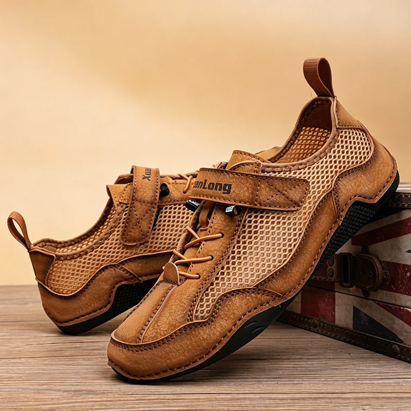 Tan Mesh-Leather - Ailongcity® Quick-Adjust Outdoor Sneakers: Breathable Innovation for Active Summers
