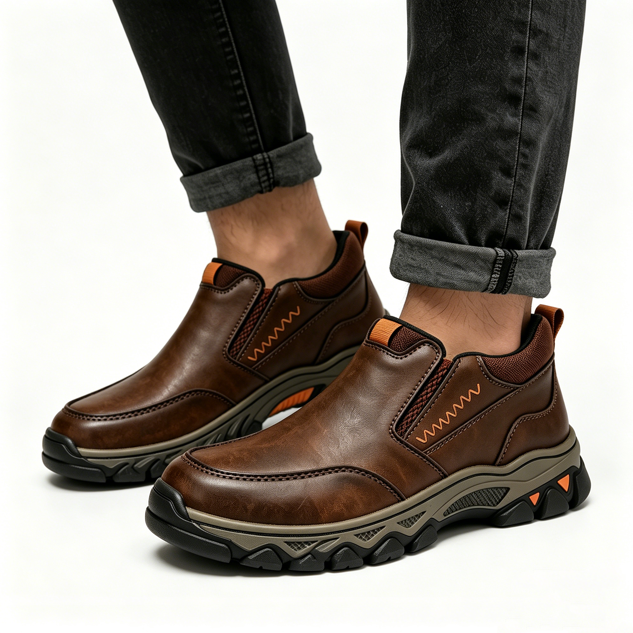Brown Leather Slip-On - Ailongcity® Outdoor Hiking Shoes: Rugged Comfort with Stylish Detailing for Trail and Urban Explorations
