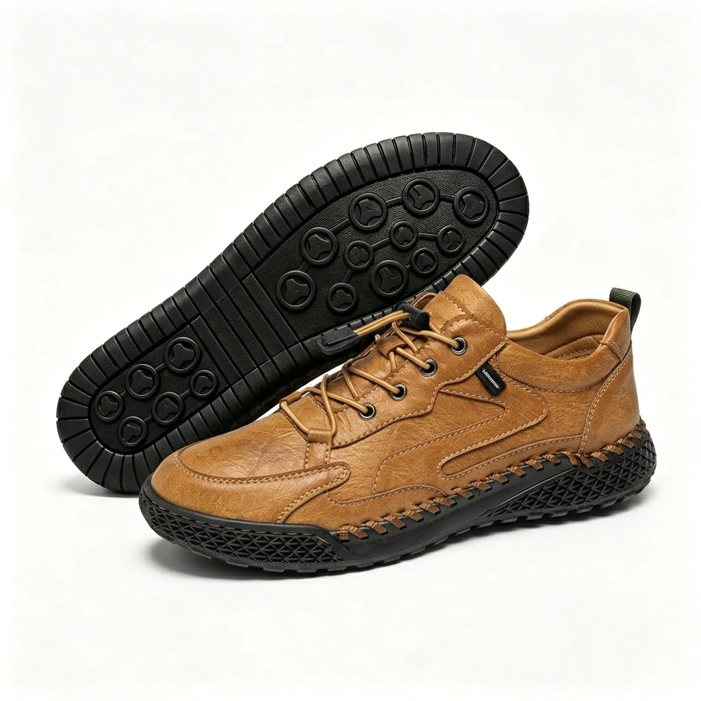 Rugged - Ailongcity®Tan Leather Lace-Up Casual Shoes Rugged Style with Secure Fit for Everyday and Outdoor Explorations