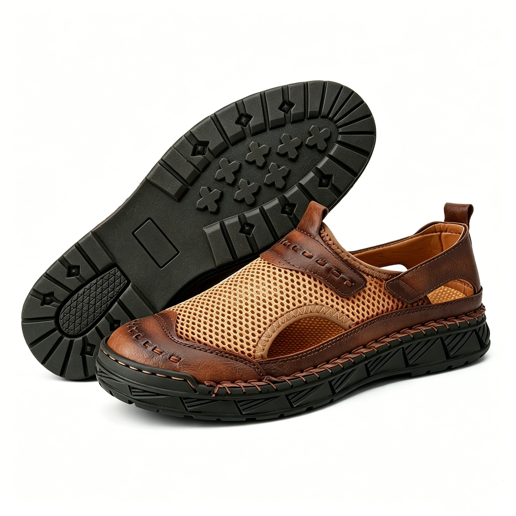 Tan Mesh-Leather Hybrid - Ailongcity® Outdoor Sandals: Breathable Craftsmanship for Summer Adventures